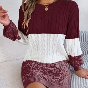 Stylish Burgundy Color Block Cable-Knit Sweater Dress